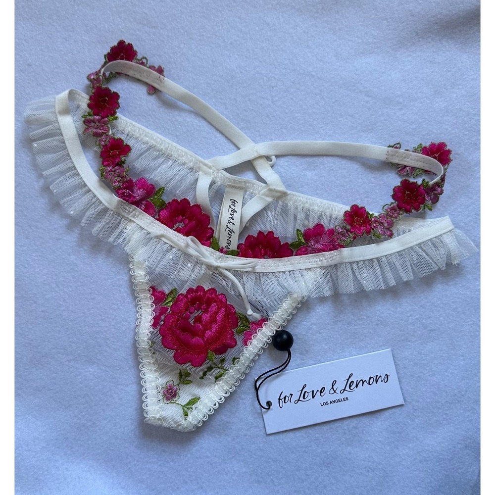 For Love & Lemons NWT Embroidered Floral V String Ruffle Thong SM Coquette Fairy